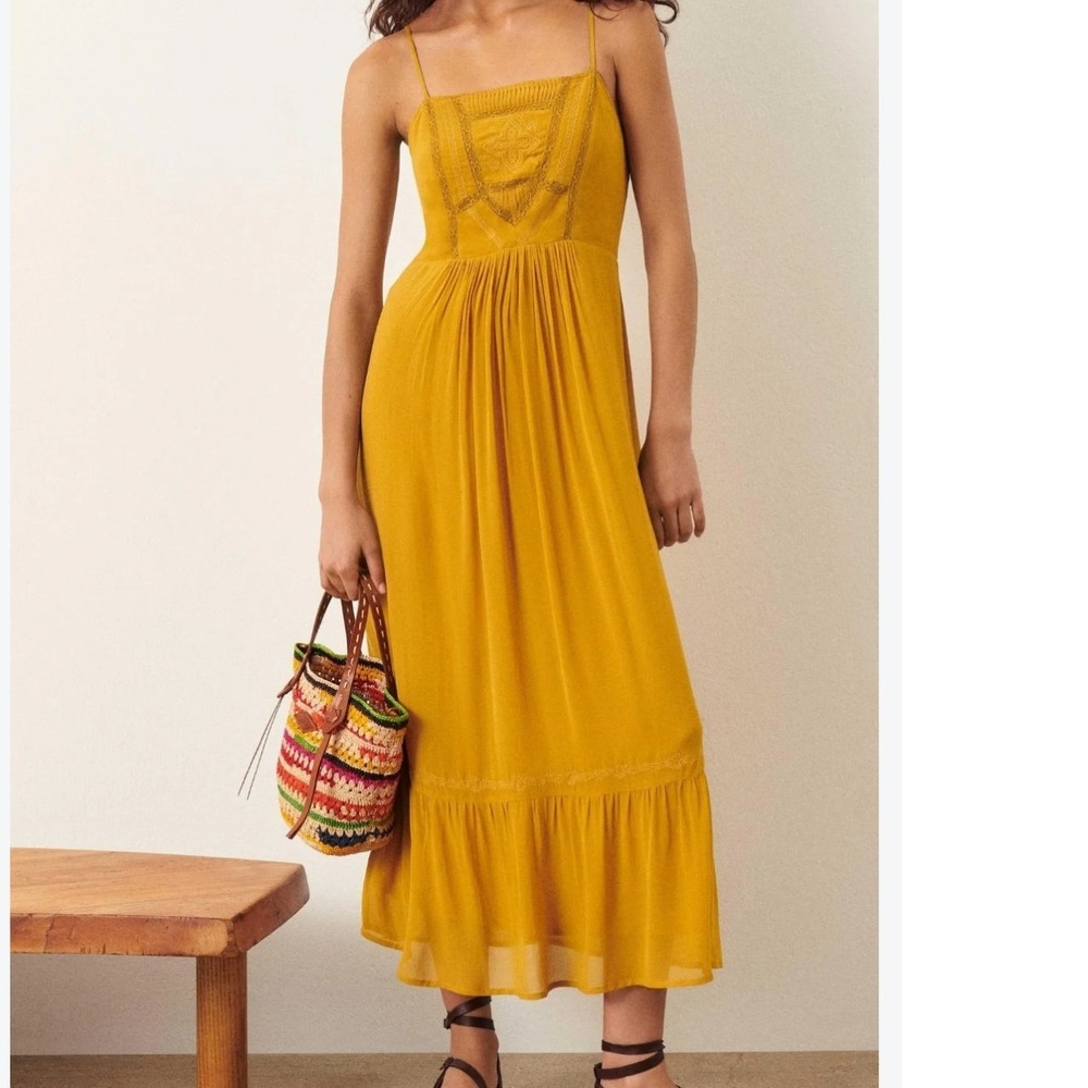 Ba&sh Michele Moutarde Mustard Yellow Embroidered Lace-Up Back Midi Dress US 6